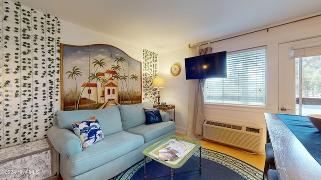 living room with an AC wall unit