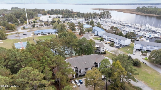 drone / aerial view with a water view