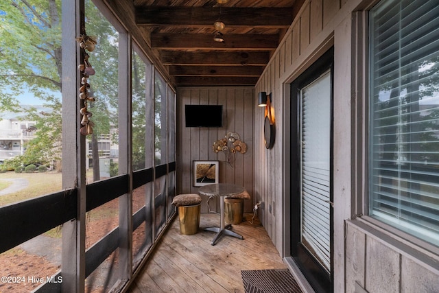 sunroom featuring wood ceiling and beam ceiling