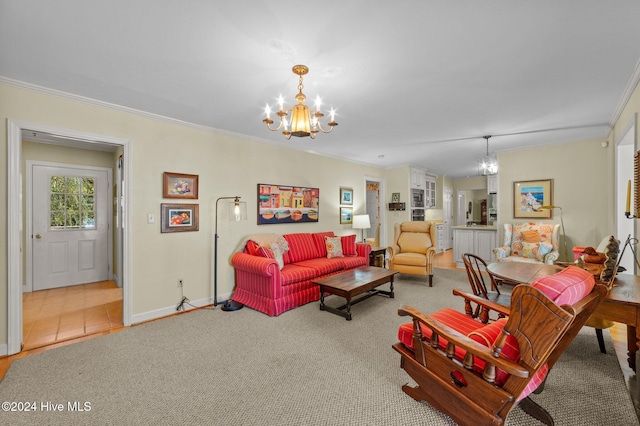 tiled living room with a notable chandelier and ornamental molding