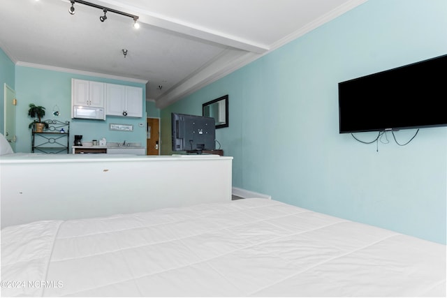 bedroom with ornamental molding, sink, and rail lighting