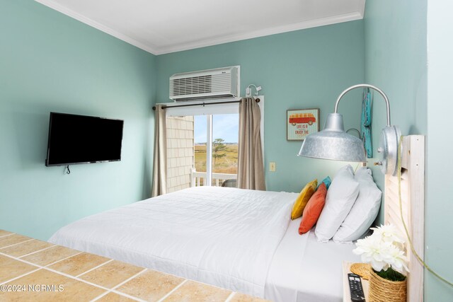 bedroom with a wall mounted AC and ornamental molding