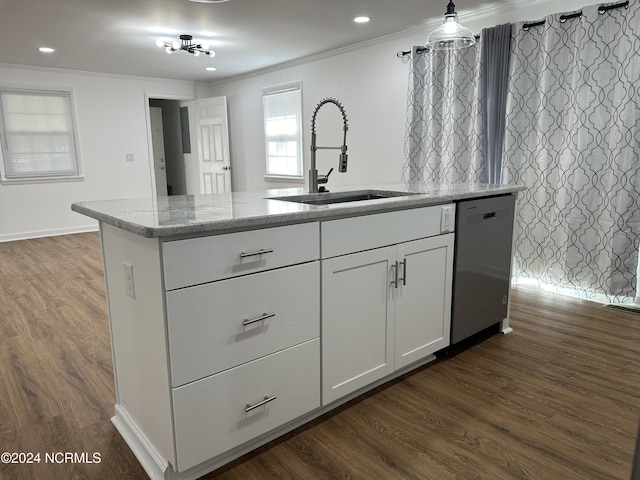 kitchen featuring sink, stainless steel dishwasher, dark hardwood / wood-style floors, light stone countertops, and white cabinets