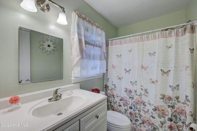 bathroom featuring vanity, a shower with shower curtain, and toilet