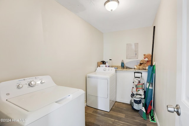 laundry area with electric panel, washing machine and clothes dryer, and dark hardwood / wood-style flooring