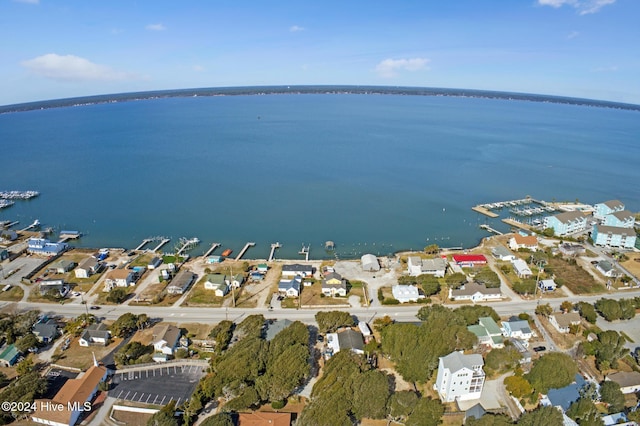 drone / aerial view with a water view