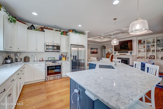 kitchen with stainless steel appliances, light hardwood / wood-style floors, sink, and a kitchen island with sink