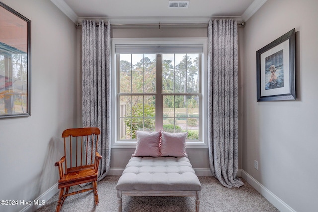 living area with ornamental molding and carpet floors