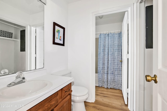 bathroom featuring vanity, curtained shower, toilet, and wood-type flooring