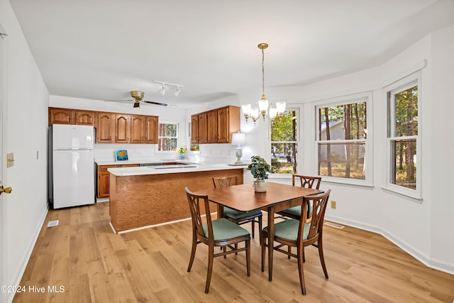 dining area with light hardwood / wood-style floors and ceiling fan with notable chandelier