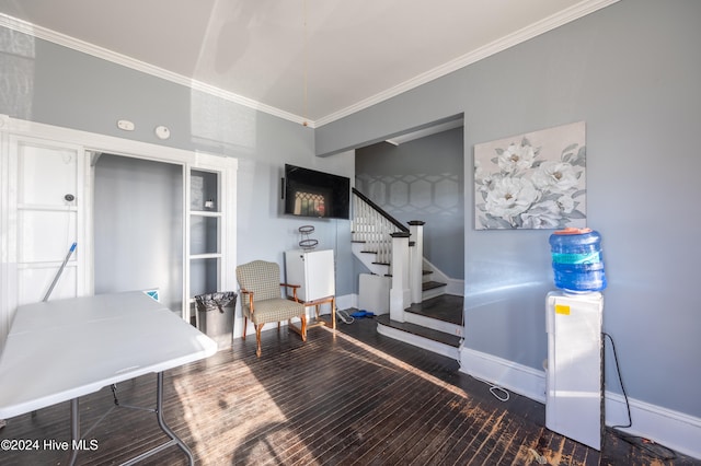 misc room with ornamental molding and wood-type flooring