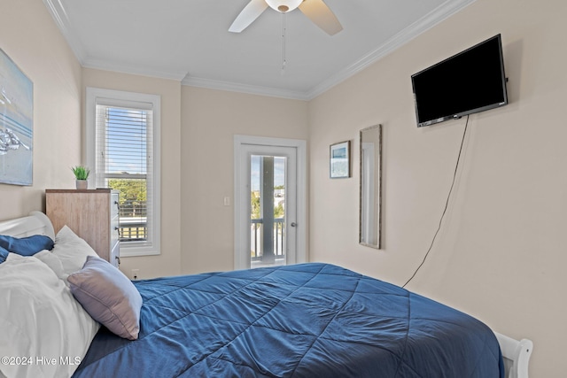 bedroom featuring access to exterior, ceiling fan, and ornamental molding