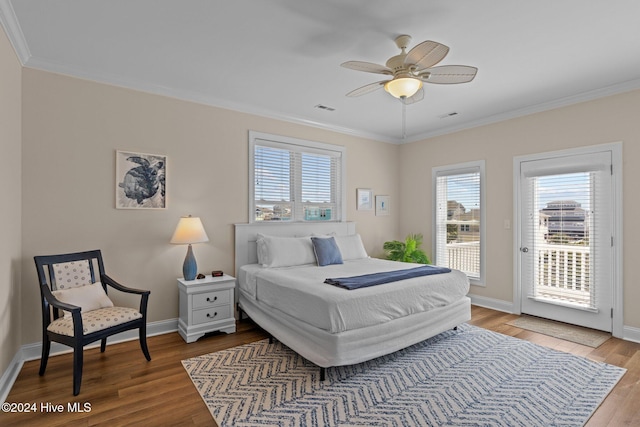 bedroom with access to exterior, hardwood / wood-style floors, ceiling fan, and crown molding