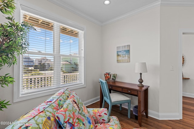 office with crown molding and dark hardwood / wood-style flooring