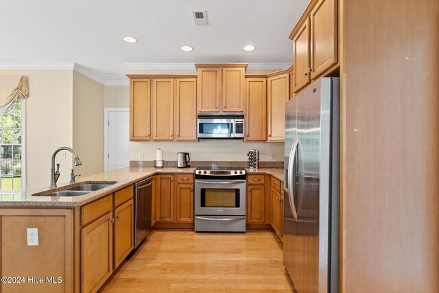 1109 Foxbow Cv, Leland, NC 28451 - kitchen featuring appliances with stainless steel finishes, a sink, a peninsula, light wood-type flooring, and crown molding