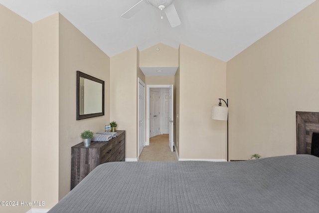 1109 Foxbow Cv, Leland, NC 28451 - bedroom with lofted ceiling, light colored carpet, baseboards, and ceiling fan