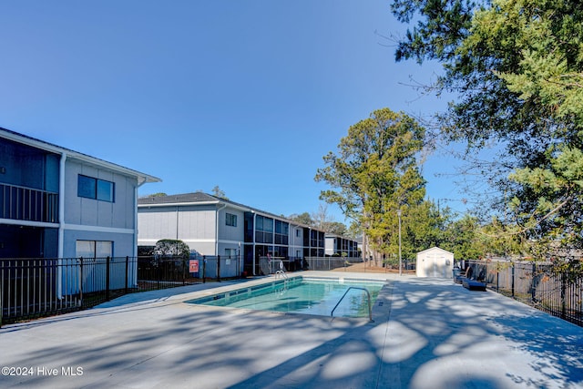 view of pool featuring a patio area and a shed