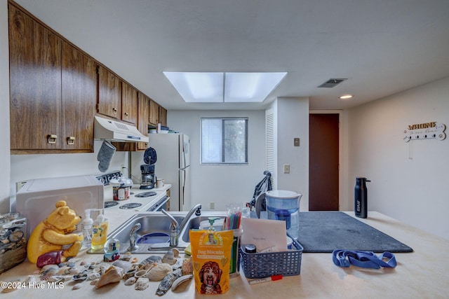 kitchen with carpet, sink, and white appliances