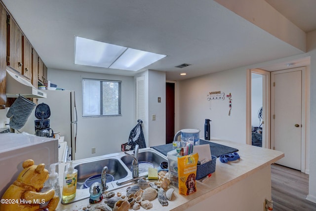 kitchen featuring light wood-type flooring and a skylight