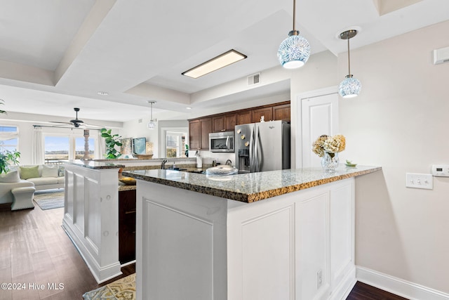 kitchen featuring kitchen peninsula, pendant lighting, dark hardwood / wood-style floors, and appliances with stainless steel finishes