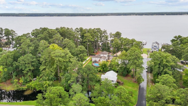 drone / aerial view with a water view