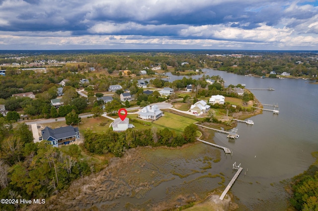 drone / aerial view with a water view