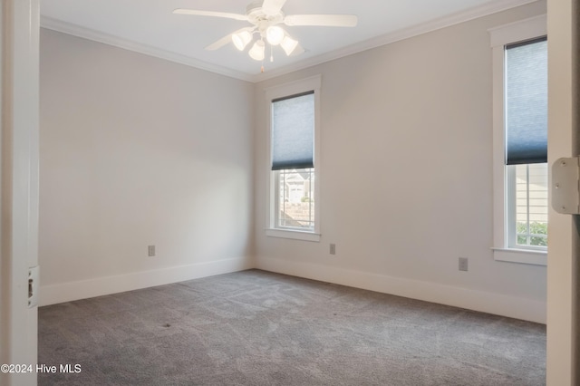 carpeted empty room with ornamental molding and ceiling fan