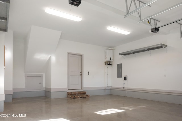 garage with a garage door opener, water heater, and electric panel