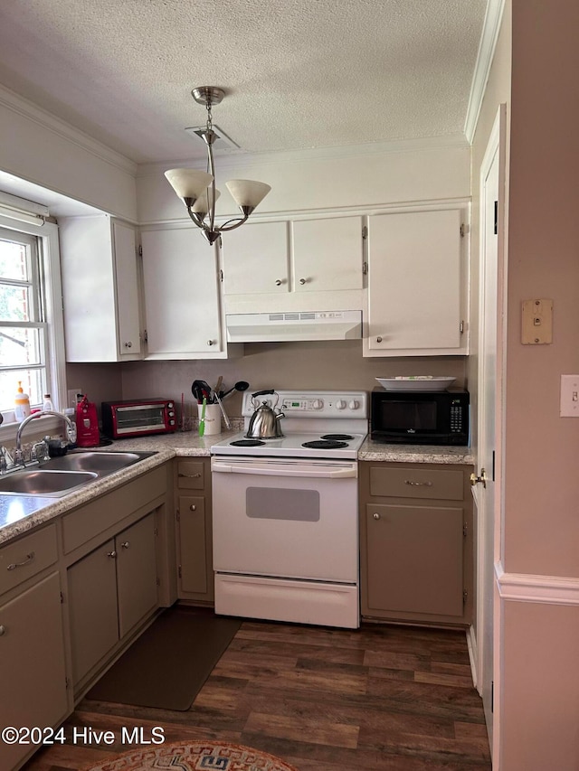 kitchen featuring dark wood-type flooring, a textured ceiling, white electric range oven, and sink