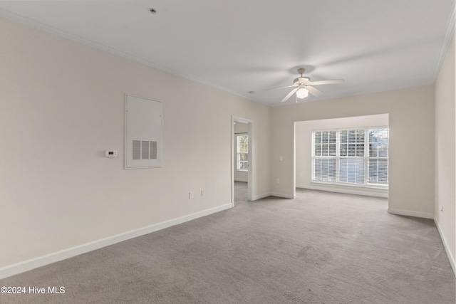 carpeted empty room featuring ceiling fan and ornamental molding