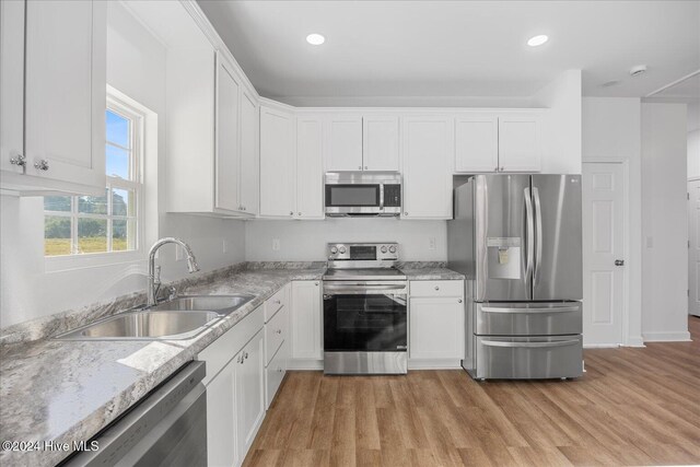 34 Bless Ave, Bolton, NC 28423 - kitchen with appliances with stainless steel finishes, a sink, light wood-type flooring, white cabinetry, and recessed lighting