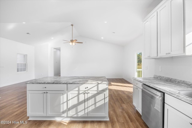 34 Bless Ave, Bolton, NC 28423 - kitchen with stainless steel dishwasher, white cabinetry, a ceiling fan, lofted ceiling, and dark wood finished floors