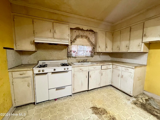 kitchen with crown molding, decorative backsplash, sink, and white range with gas stovetop