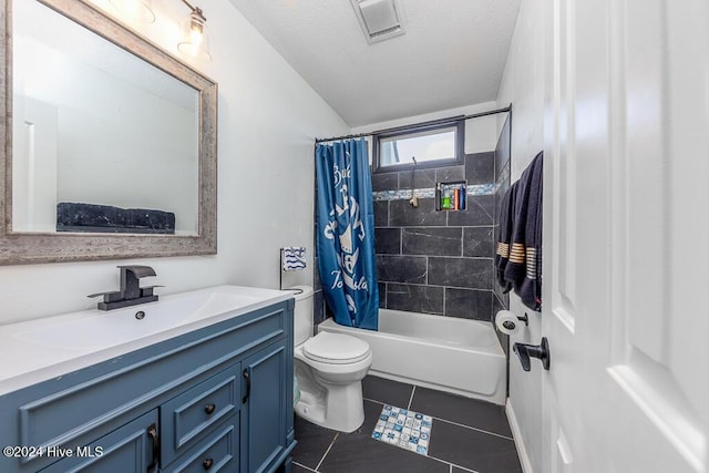 bathroom with toilet, shower / tub combo, a textured ceiling, vanity, and tile patterned flooring