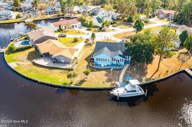 aerial view with a water view and a residential view