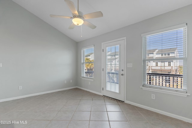 doorway with lofted ceiling, baseboards, a ceiling fan, and light tile patterned flooring