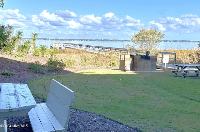 view of yard with a water view and area for grilling