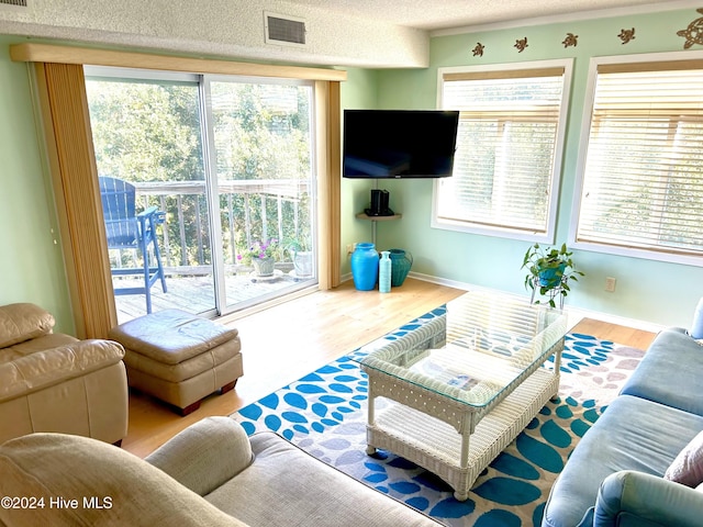 living room featuring a wealth of natural light, light hardwood / wood-style flooring, and a textured ceiling