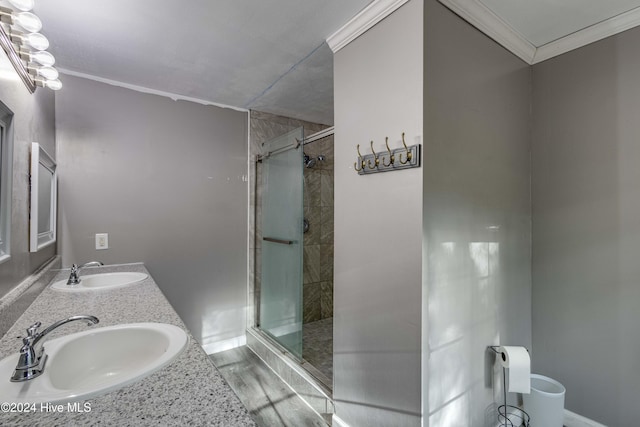 bathroom featuring crown molding, vanity, and an enclosed shower