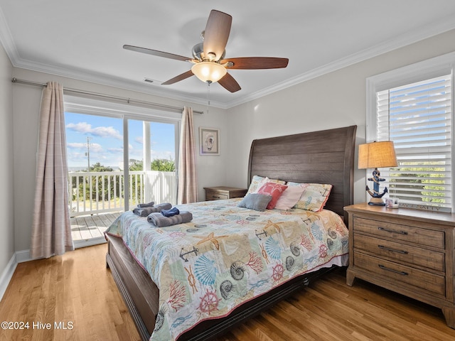 bedroom with access to outside, multiple windows, ceiling fan, and light hardwood / wood-style flooring