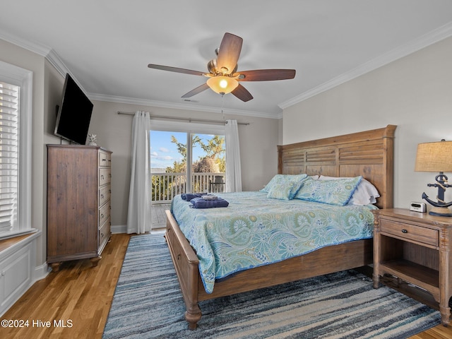 bedroom with ceiling fan, access to exterior, light wood-type flooring, and crown molding