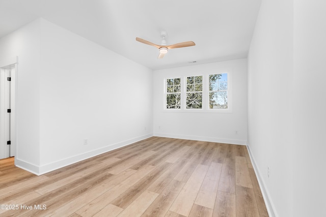 unfurnished room with ceiling fan and light hardwood / wood-style flooring