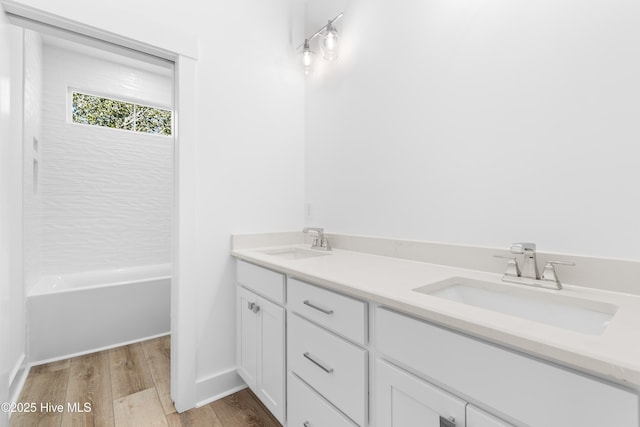 bathroom with hardwood / wood-style flooring and vanity