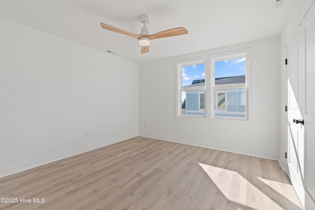 empty room with ceiling fan and light wood-type flooring