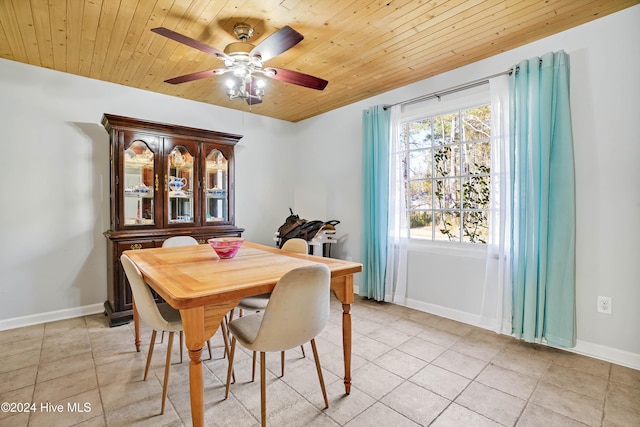 dining room with ceiling fan, wood ceiling, and light tile patterned floors