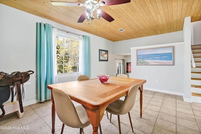 tiled dining area with ceiling fan and wood ceiling