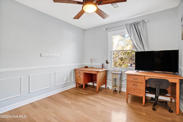 office area with ceiling fan and light wood-type flooring