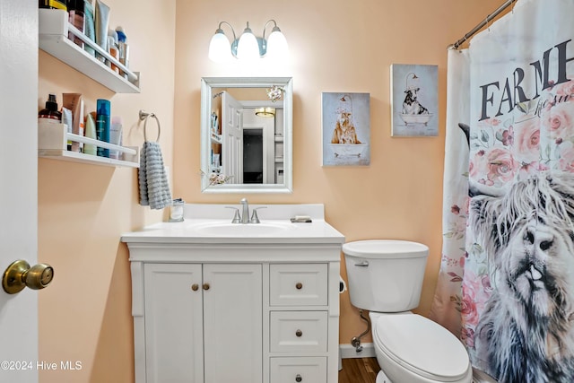 bathroom with vanity, hardwood / wood-style flooring, toilet, and curtained shower