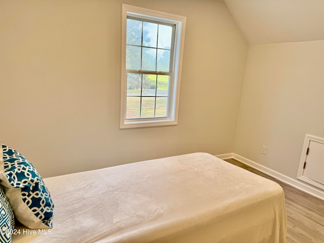 bedroom with lofted ceiling and wood-type flooring