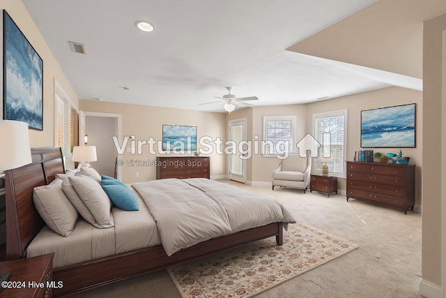 bedroom with ceiling fan, recessed lighting, light carpet, visible vents, and baseboards